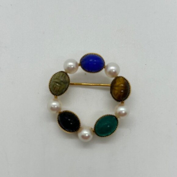 Vtg Wells Brooch Egyptian Revival Scarab Stone14k Gold-Filled Faux Pearl Wreath - Picture 10 of 14